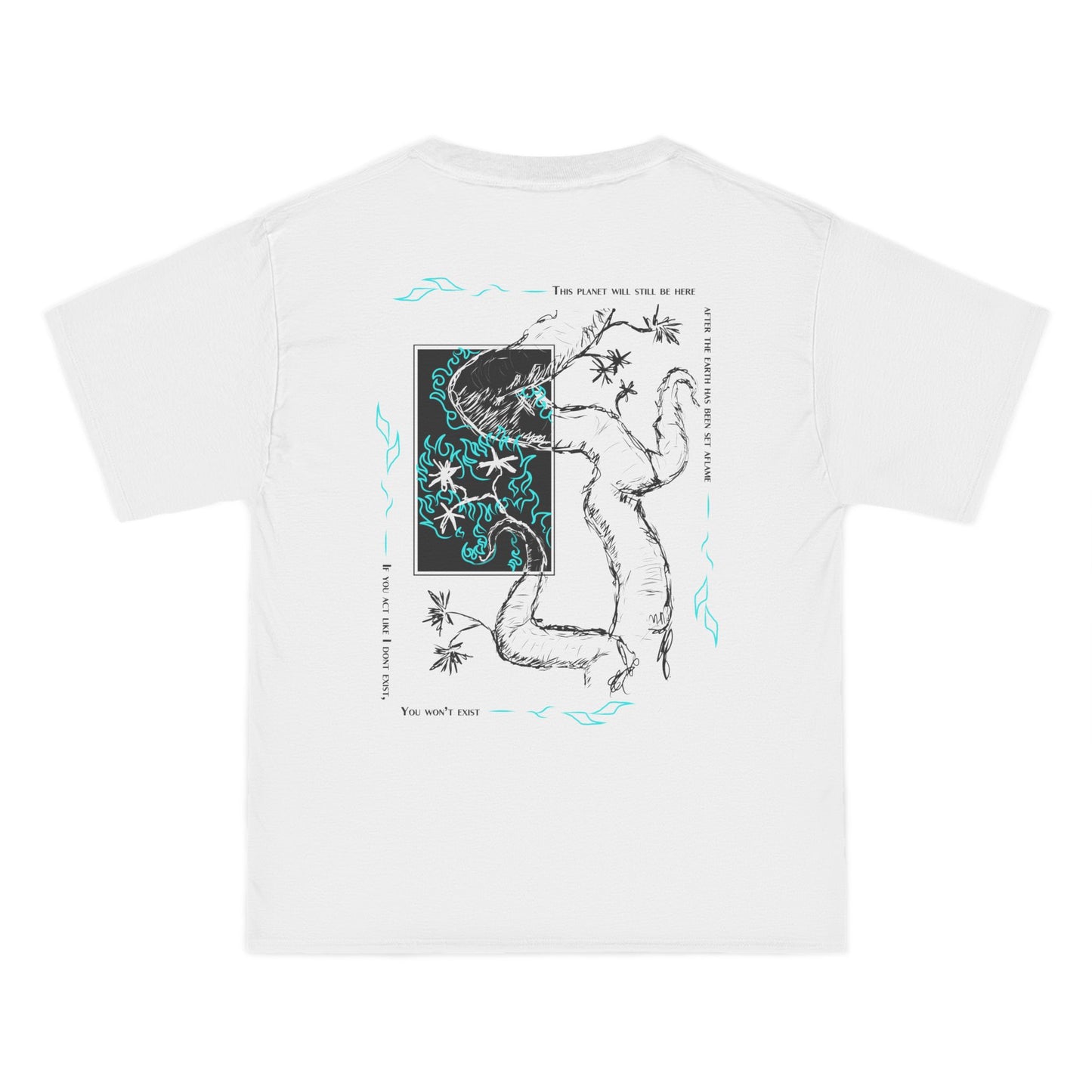 white graphic streetwear t-shirt with a graphic design of a tree with flame and flowers