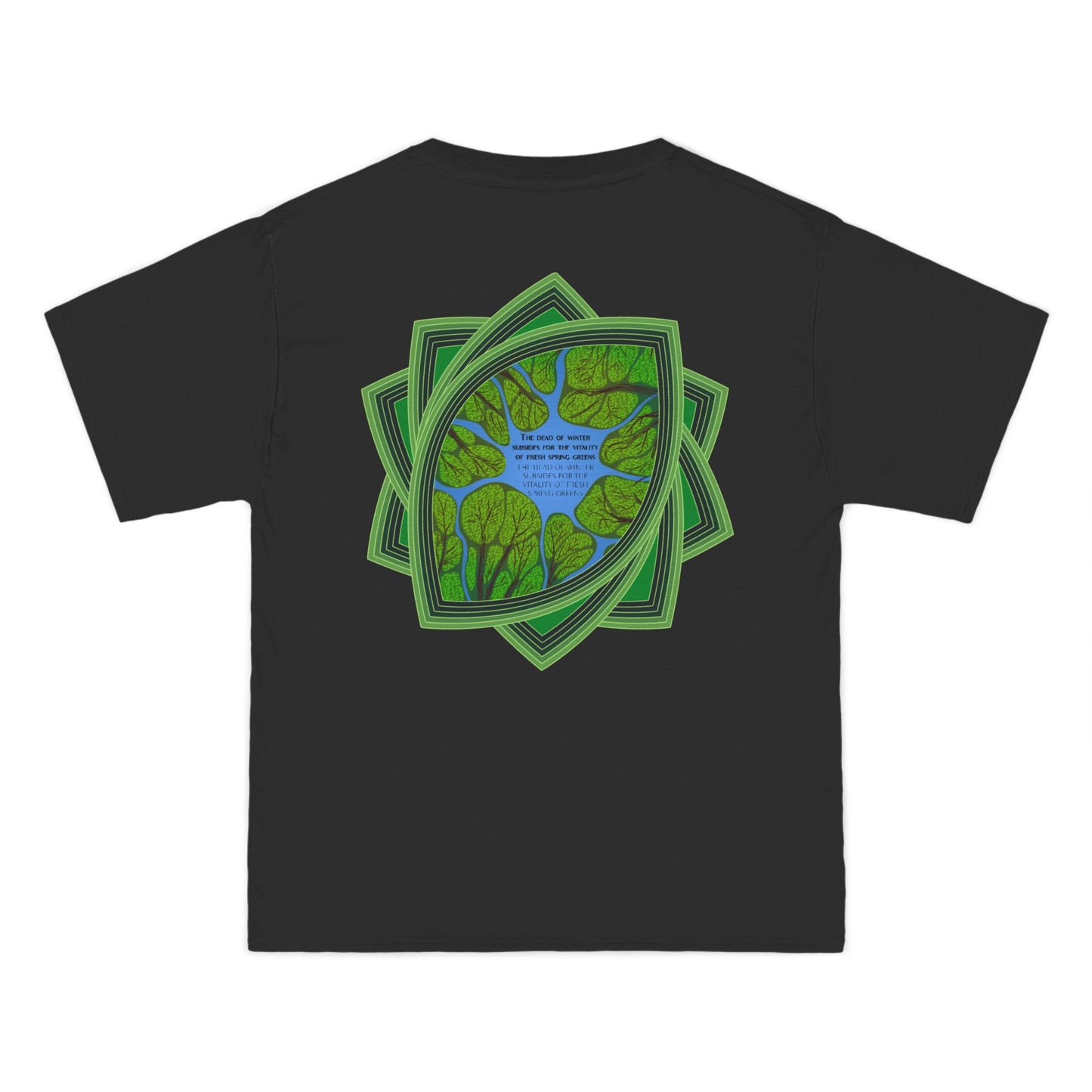 black t-shirt with a green plant logo with text spring greens
