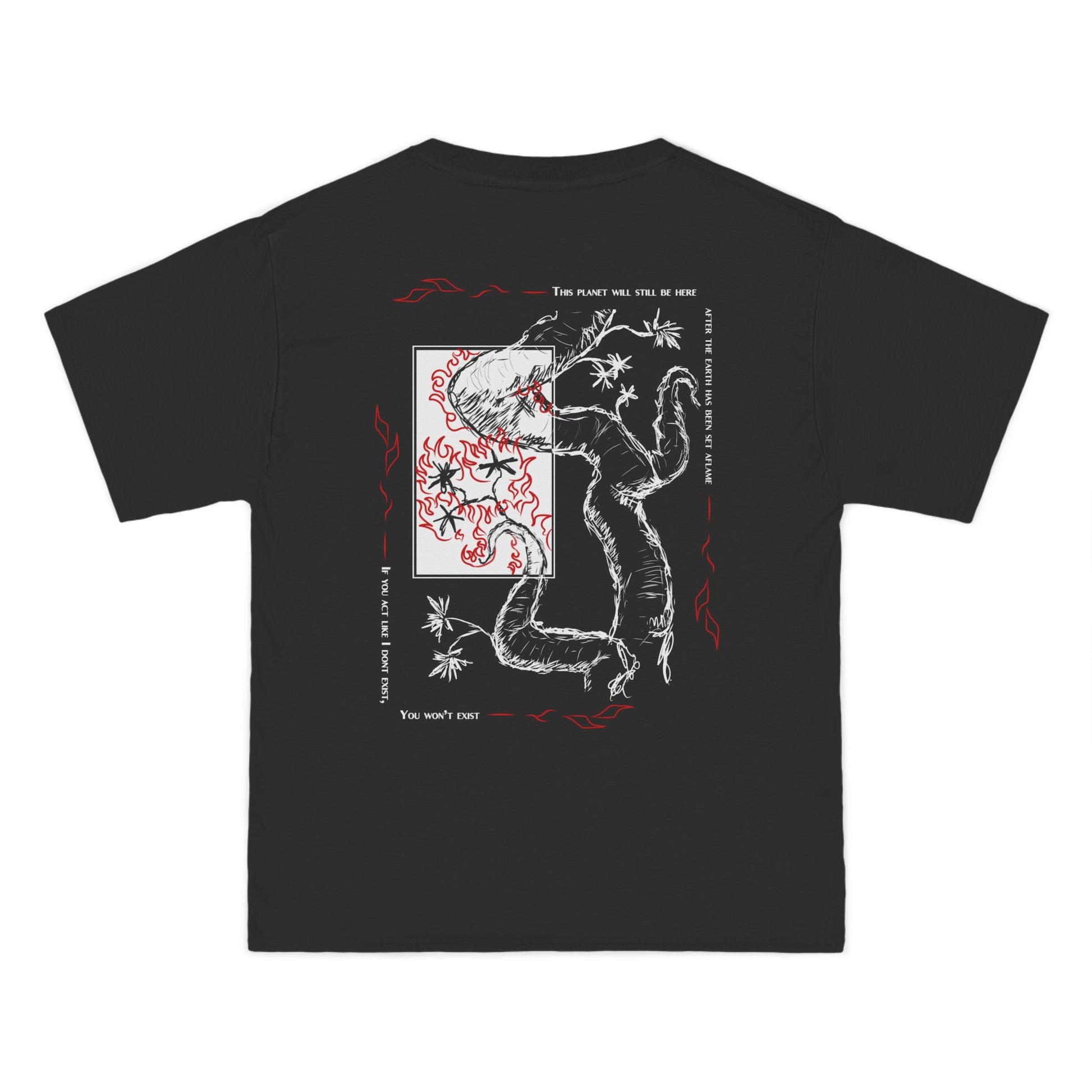 Black graphic streetwear  t-shirt with a graphic design of a tree with flame and flowers
