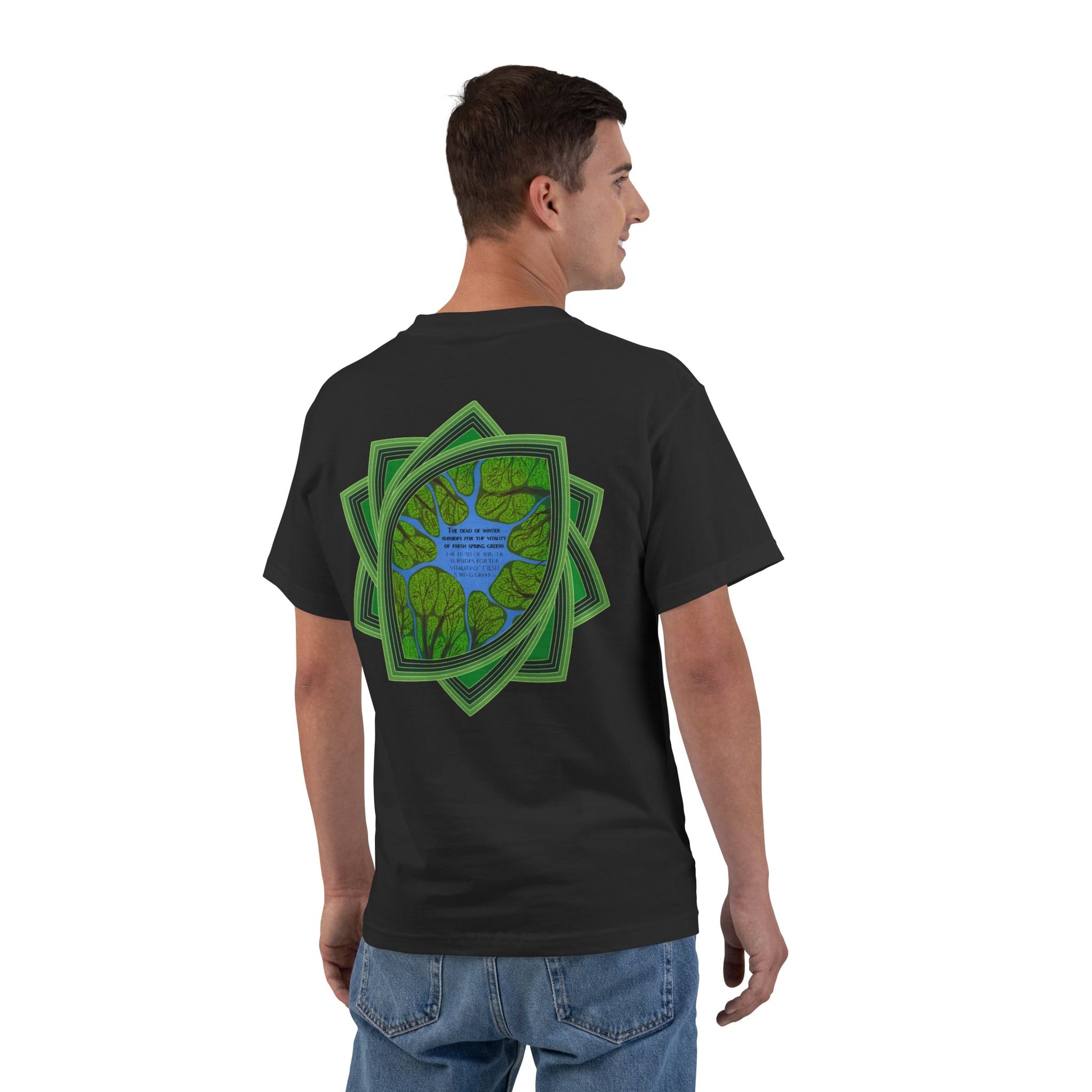black t-shirt with a green plant logo with text spring greens