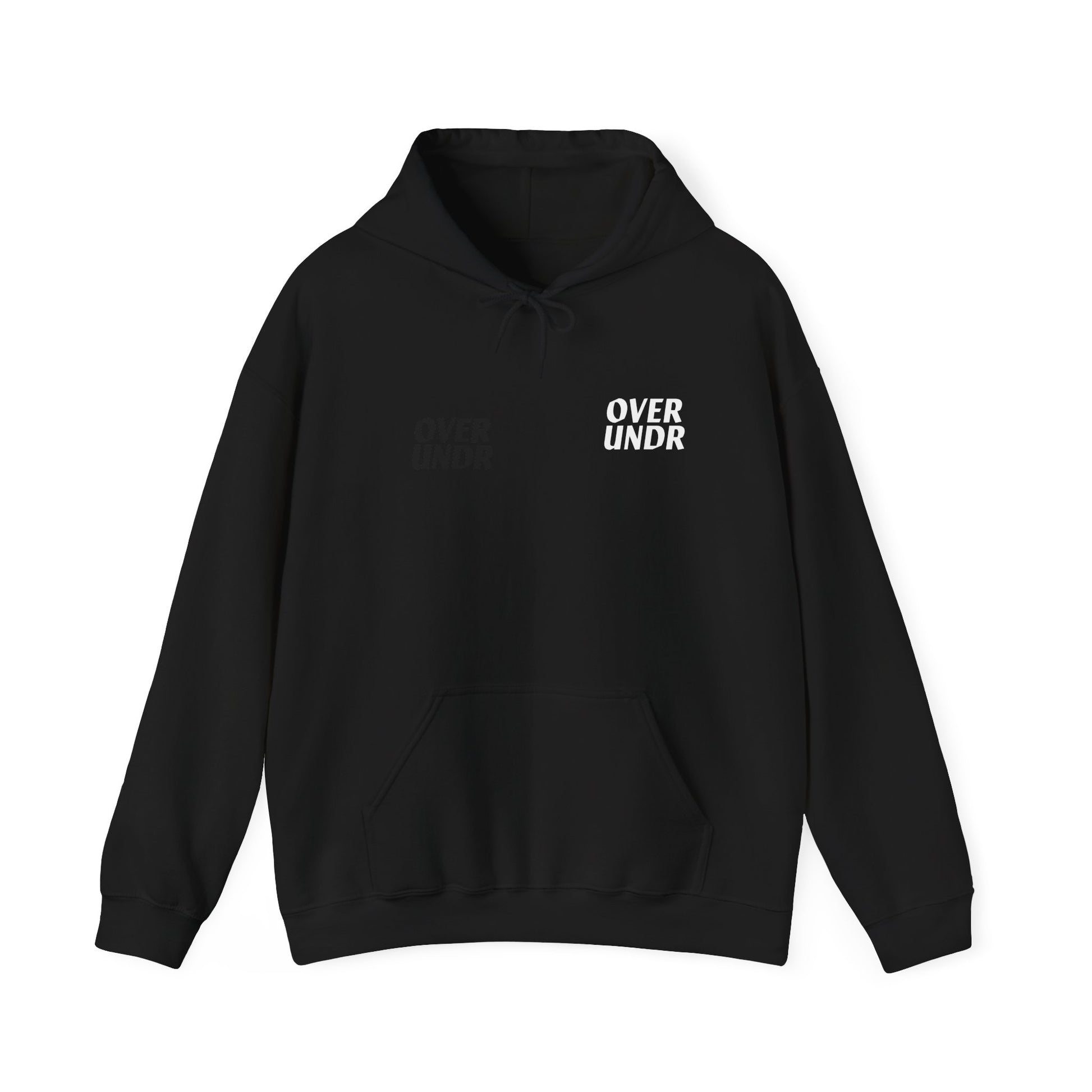 Black hoodie with 'OVER UNDR' text on a white background