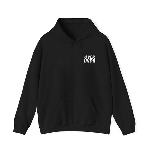 Black hoodie with 'OVER UNDR' text on a white background
