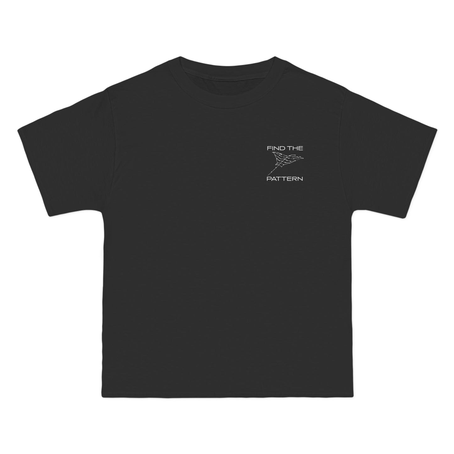 Black t-shirt with a white graphic and text graphical manta ray text saying find the pattern