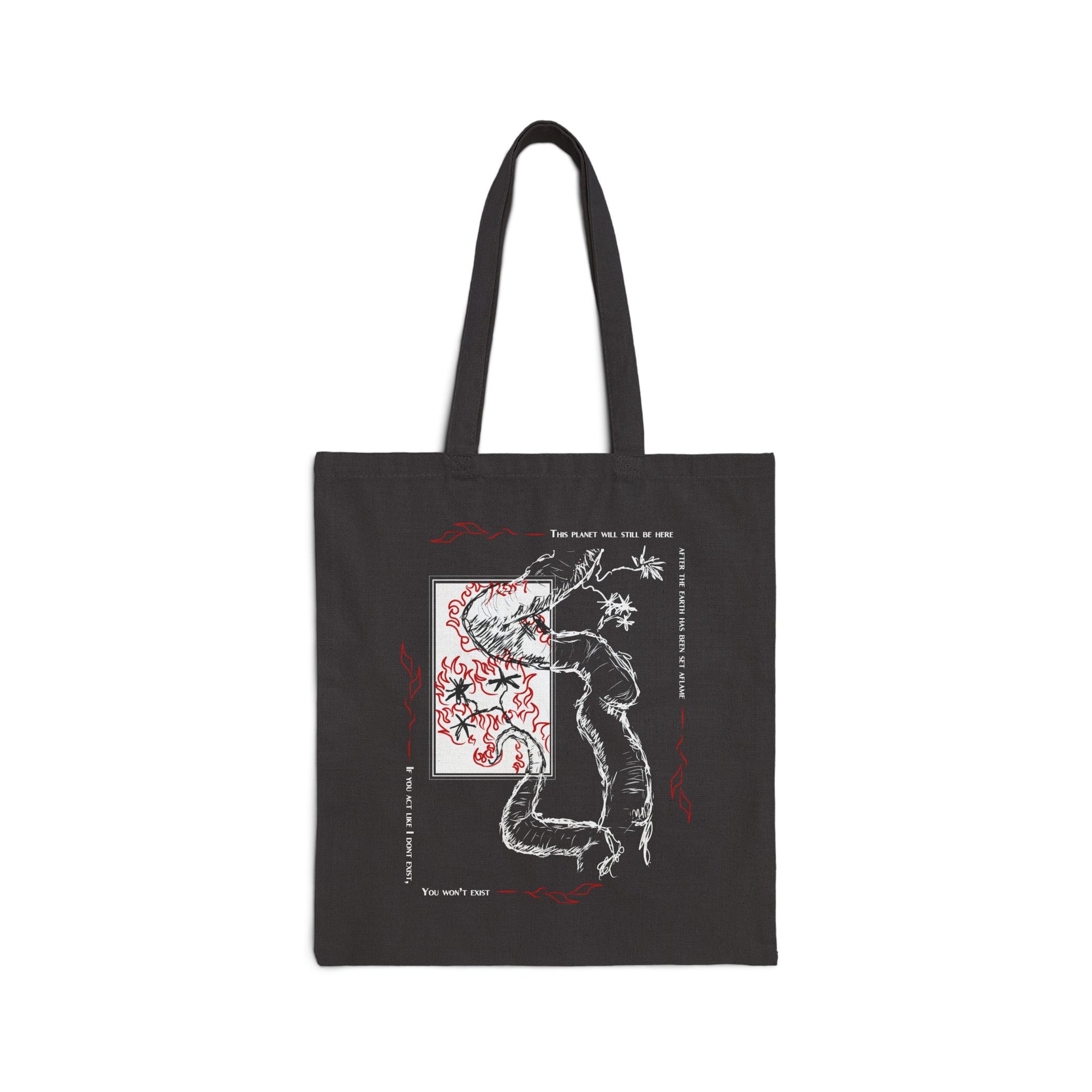 a black cotton tote bag with a white and red graphic design on the front.