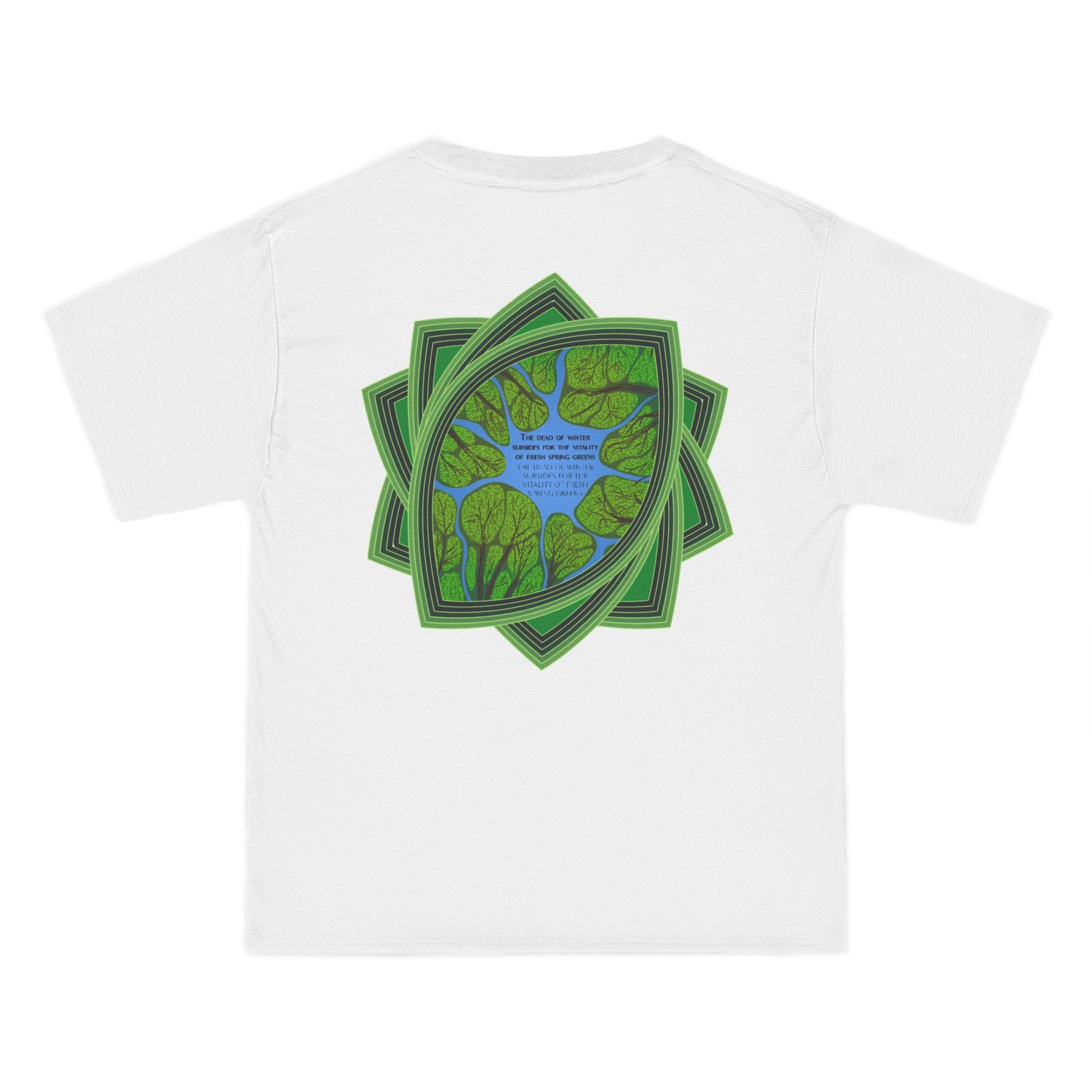 White t-shirt with a green plant logo with text spring greens