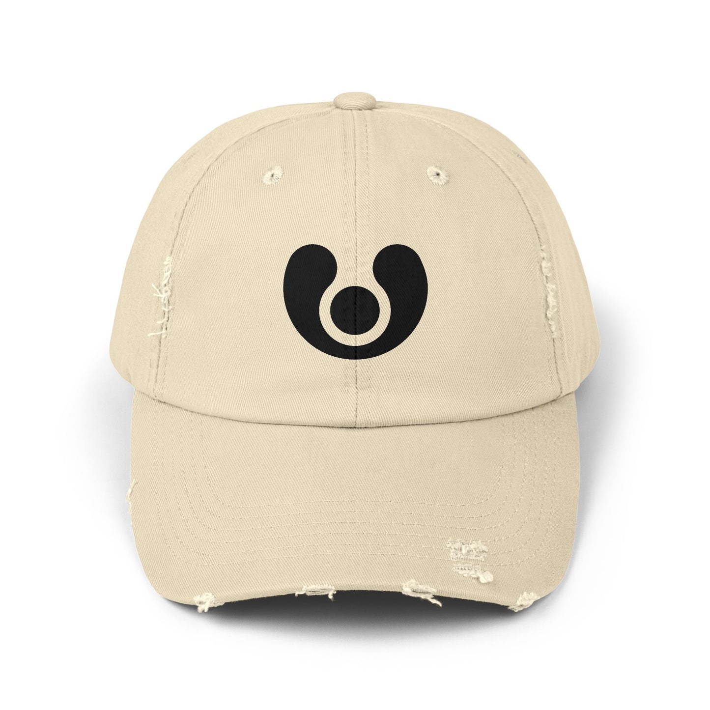 beige cap with a white circular logo