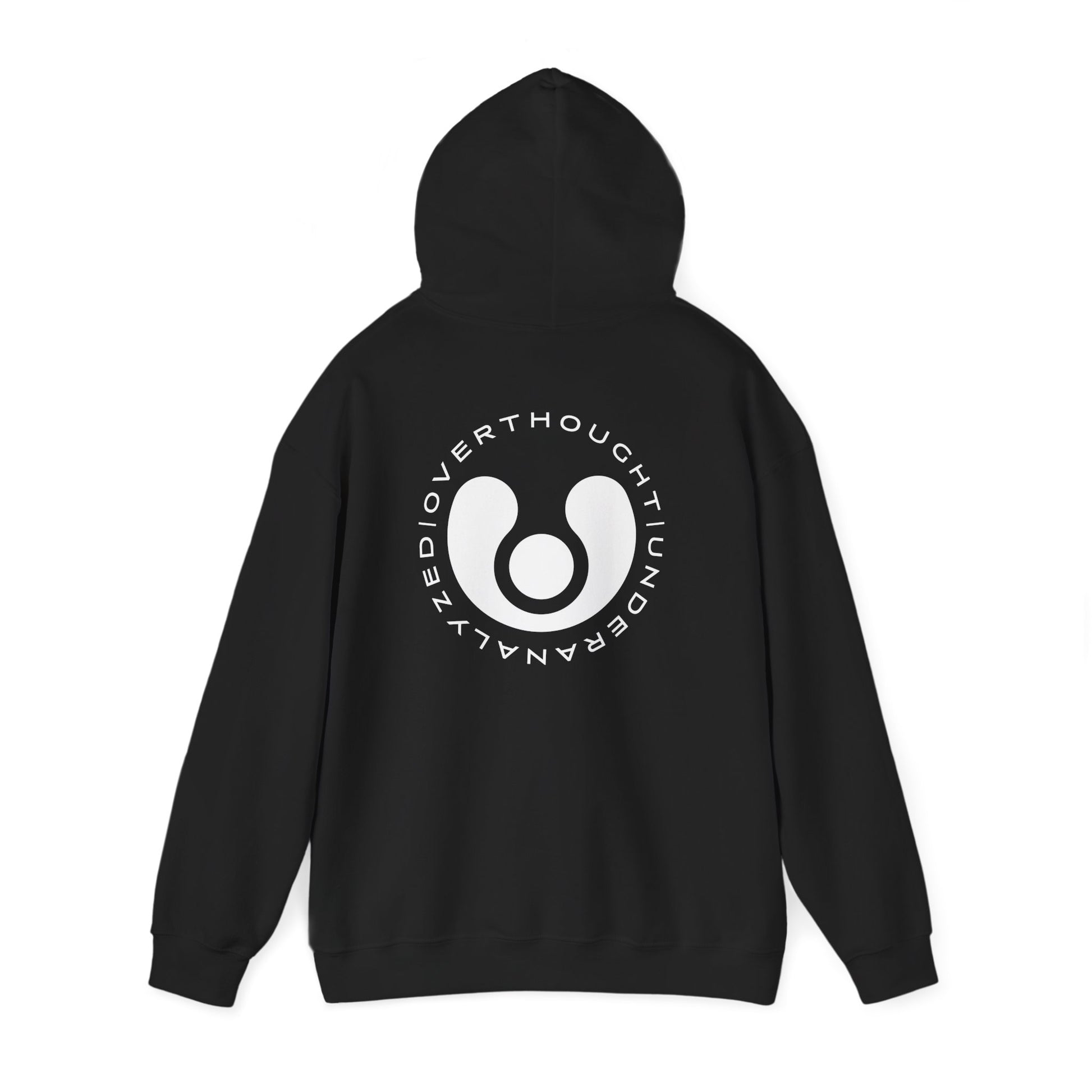 Black hoodie with a white logo on the back against a white background