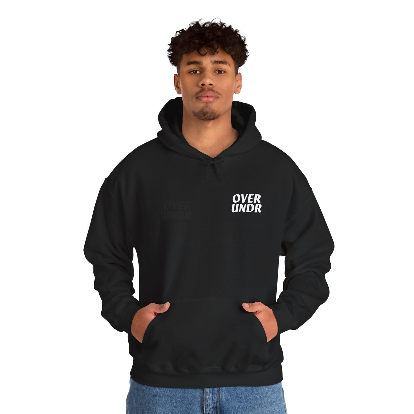 Person wearing a black hoodie with 'OVER UNDER' text on a white background