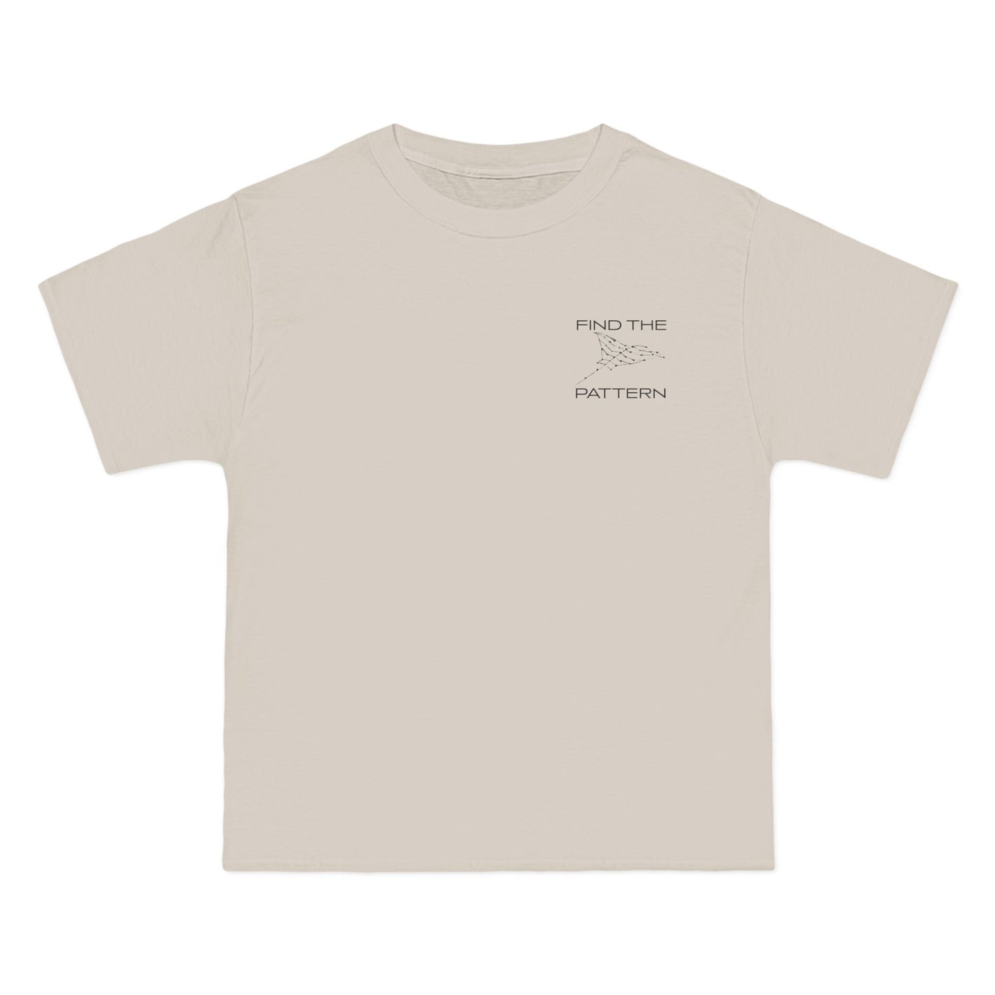 beige t-shirt with a white graphic and text graphical manta ray text saying find the pattern