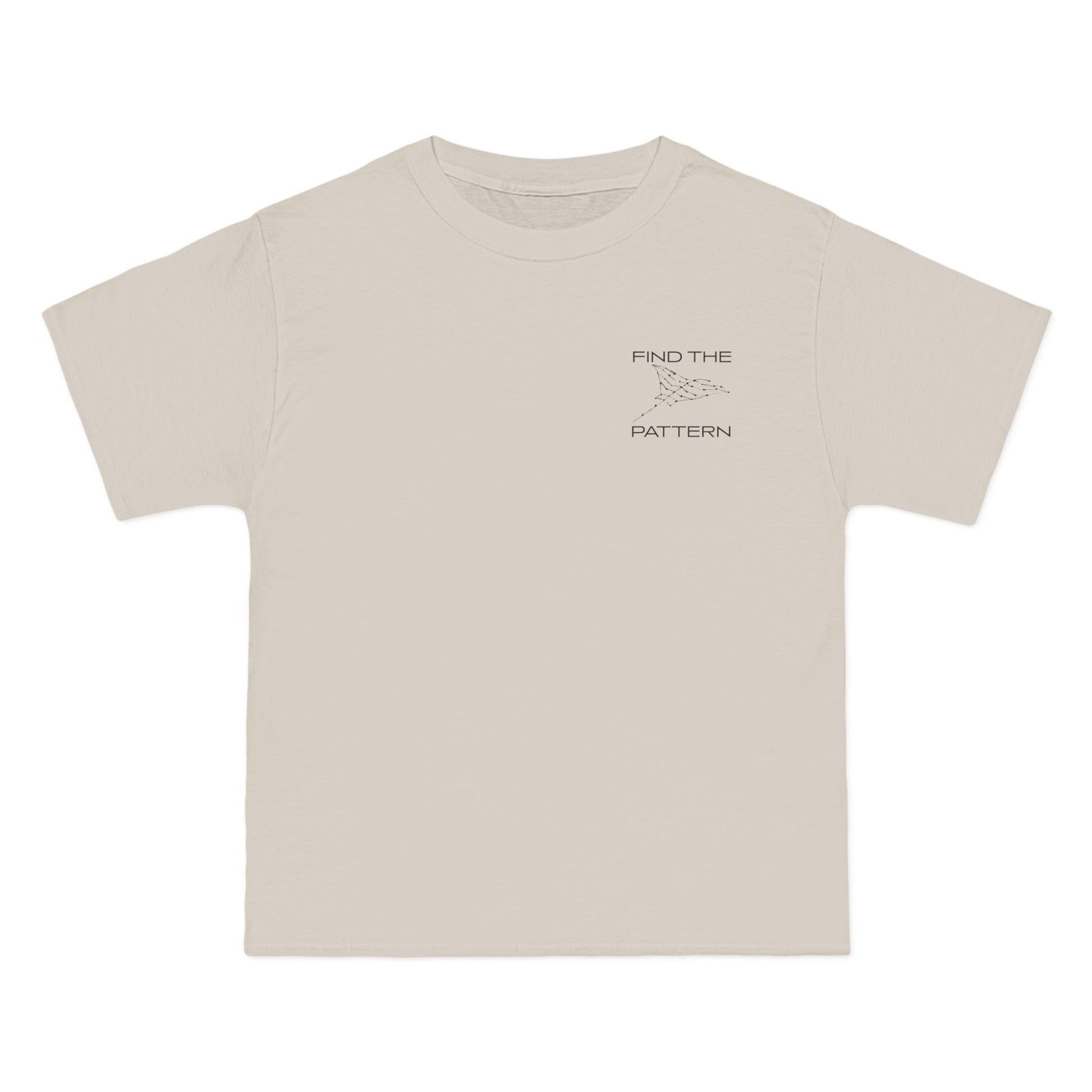 beige t-shirt with a white graphic and text graphical manta ray text saying find the pattern
