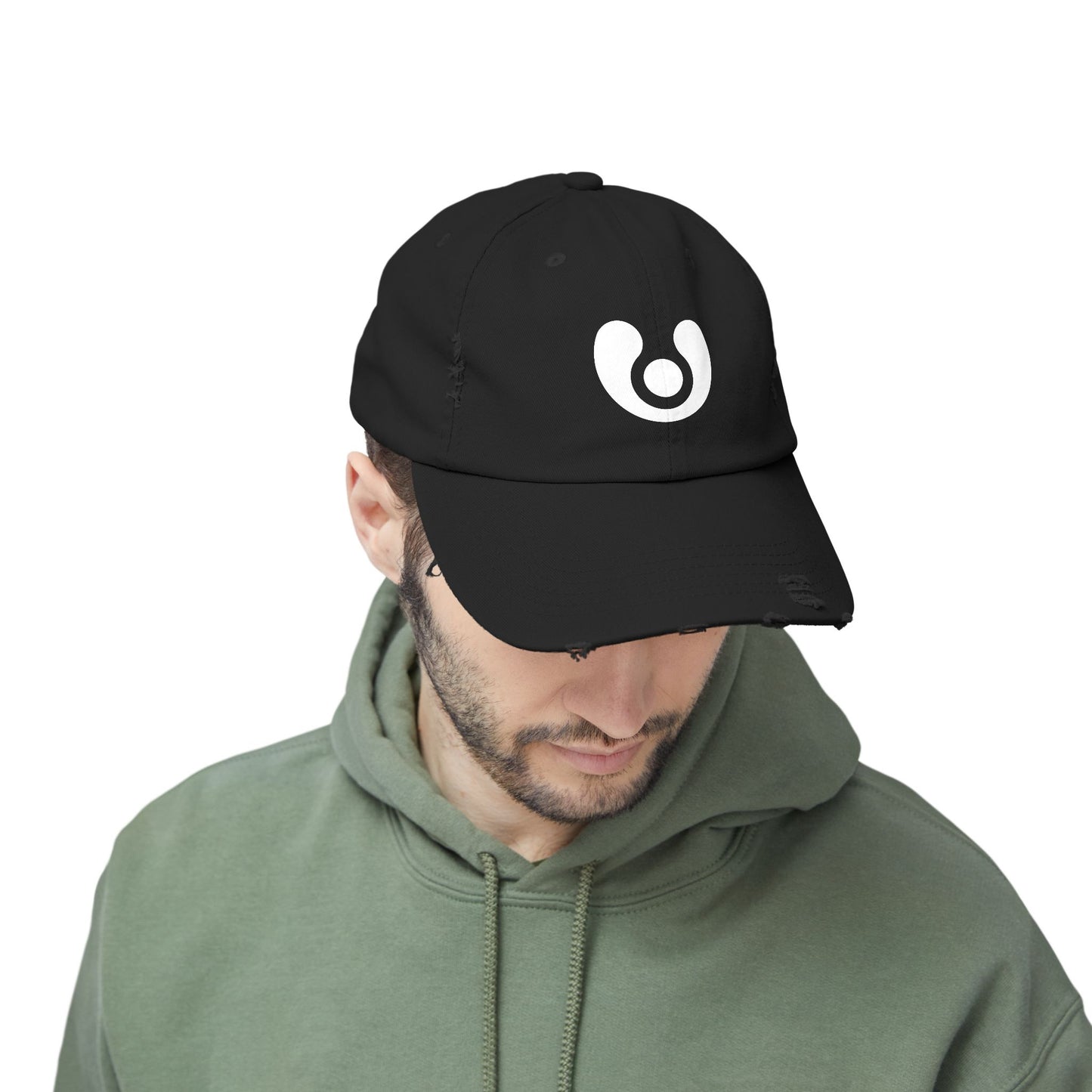 Black cap with a white circular logo