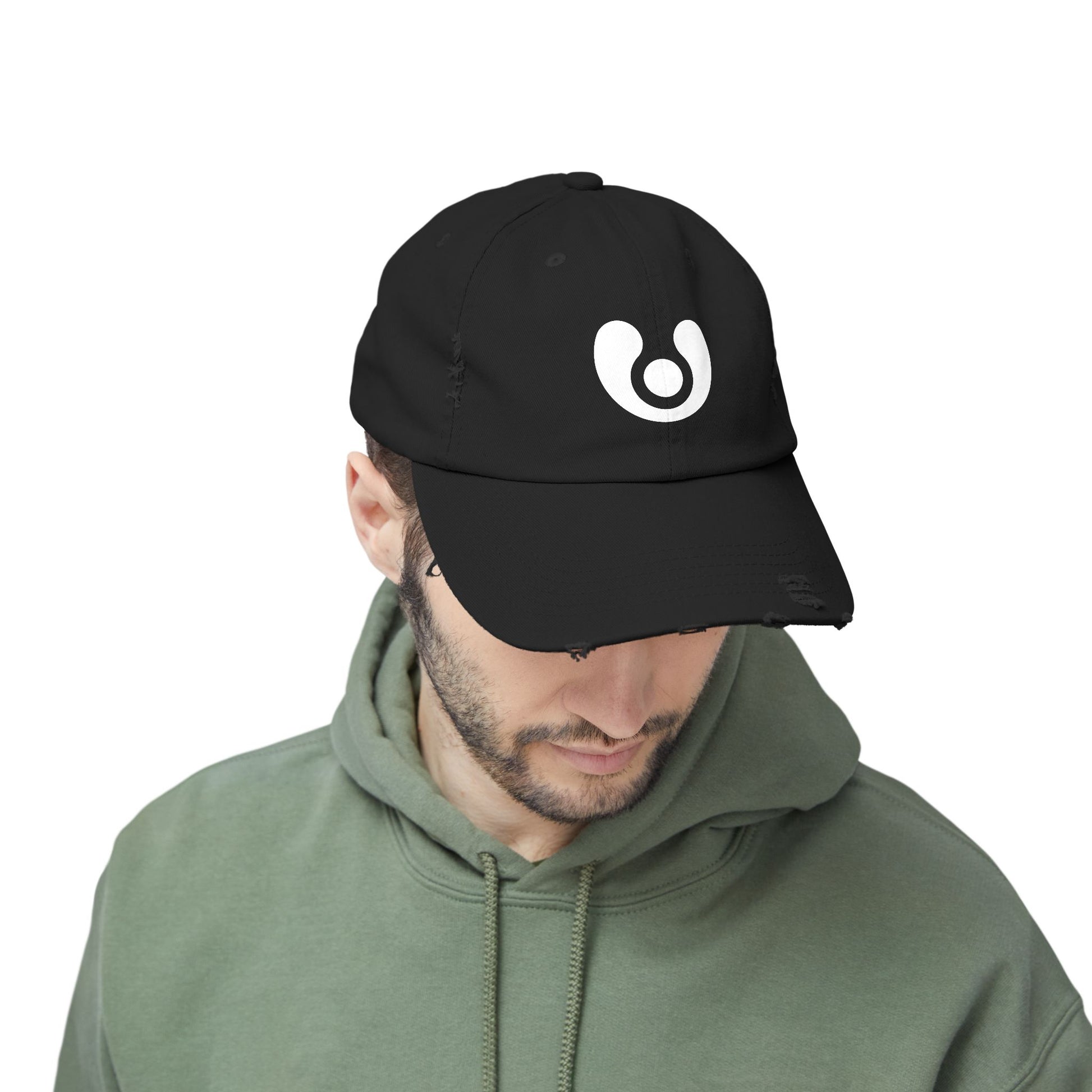 Black cap with a white circular logo