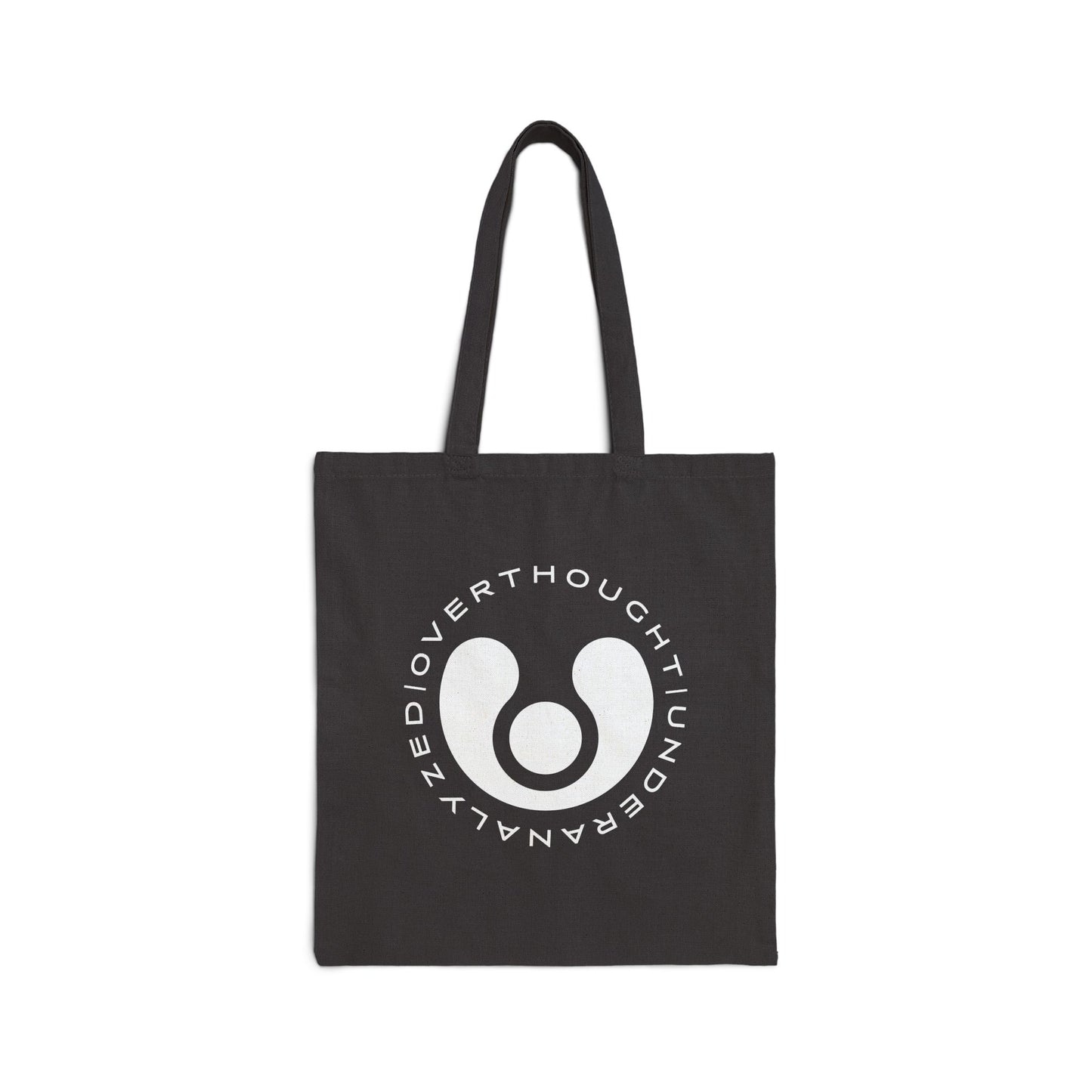 black cotton tote bag with a circular logo and graphic design on the front.