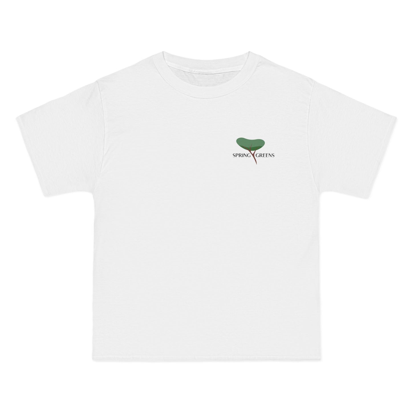 White t-shirt with a green plant logo with text spring greens