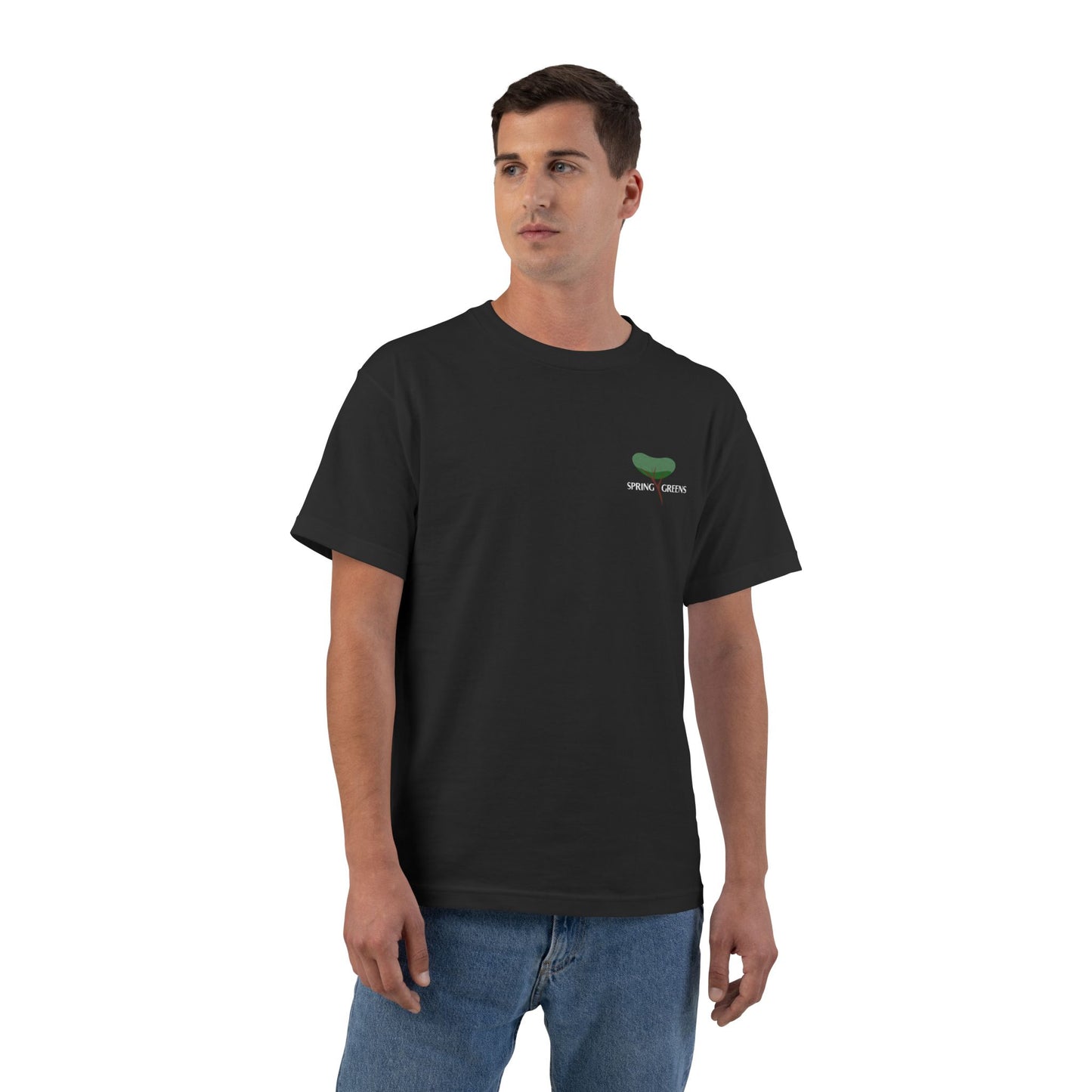 black t-shirt with a green plant logo with text spring greens