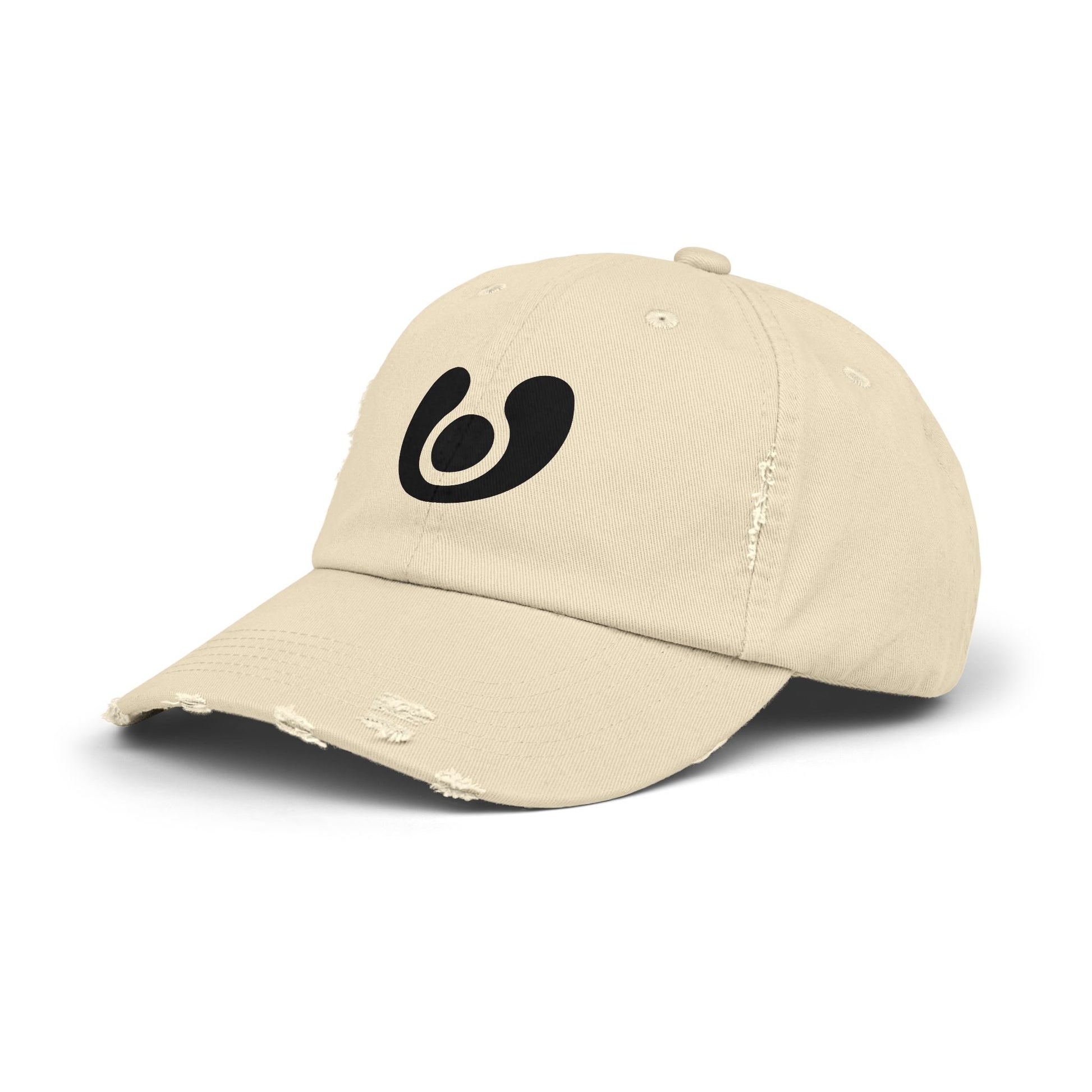 Beige cap with a black logo on a white background