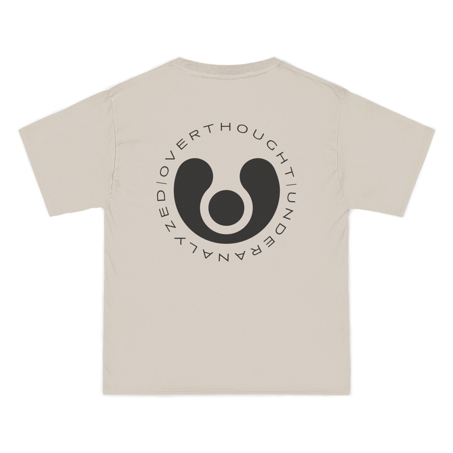 Beige t-shirt with a black circular logo and text on the back