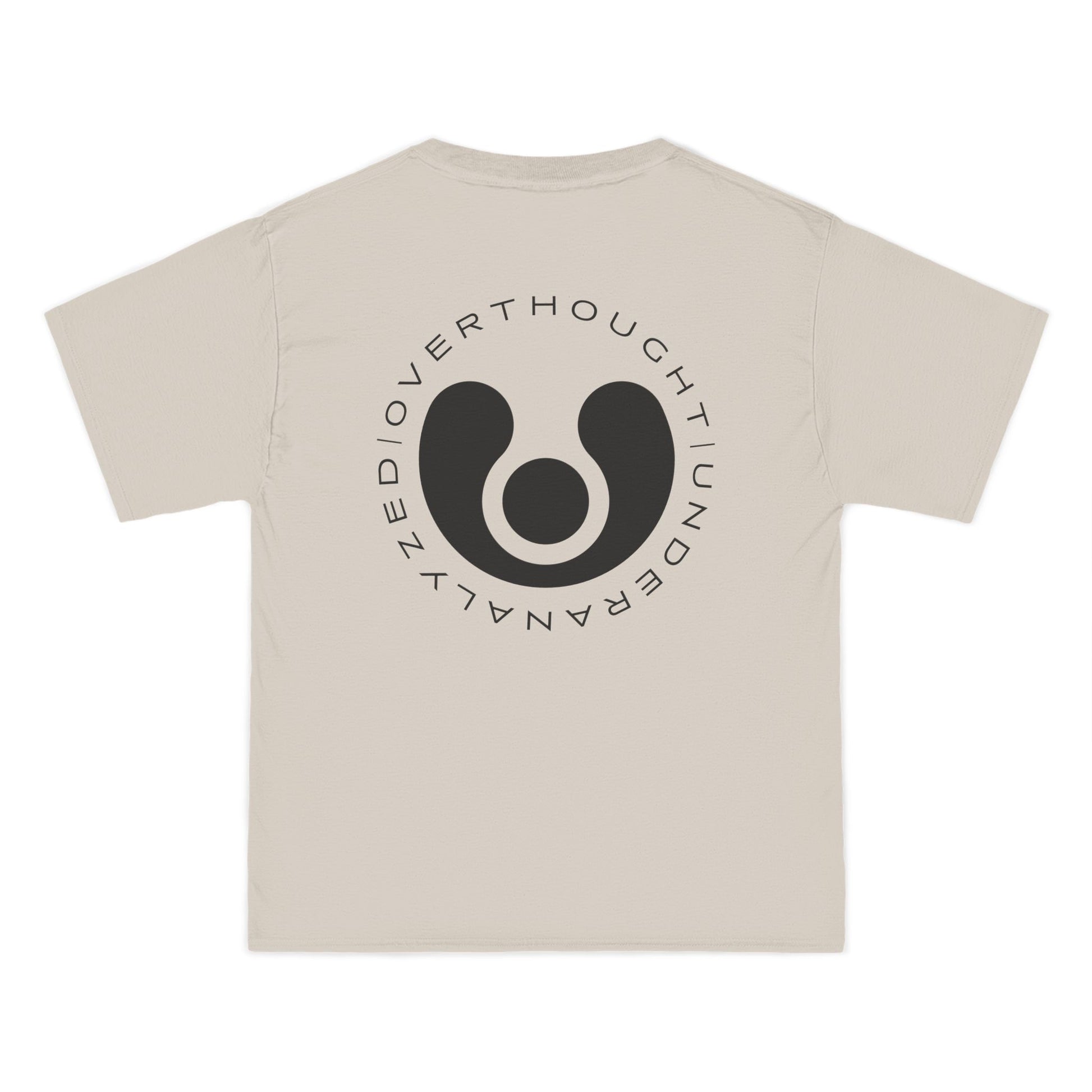 Beige t-shirt with a black circular logo and text on the back