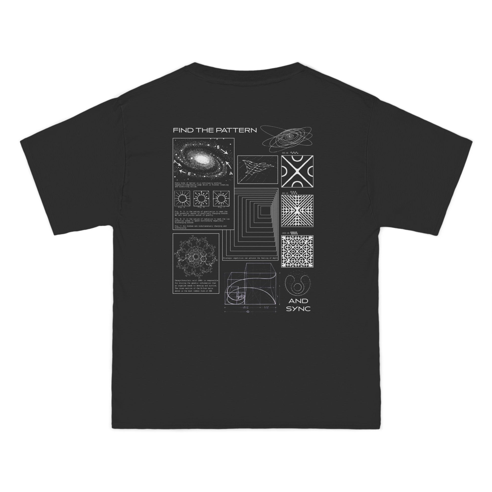 Black t-shirt with white geometric and abstract pattern design collage