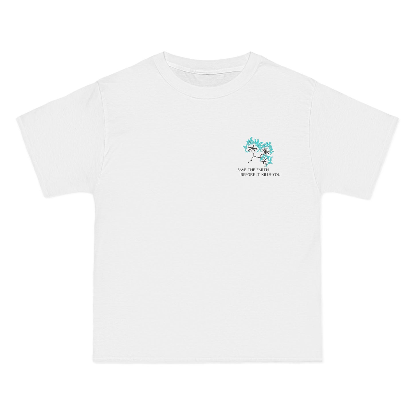 White t-shirt with a small logo and text . blue flame and text saying save the earth