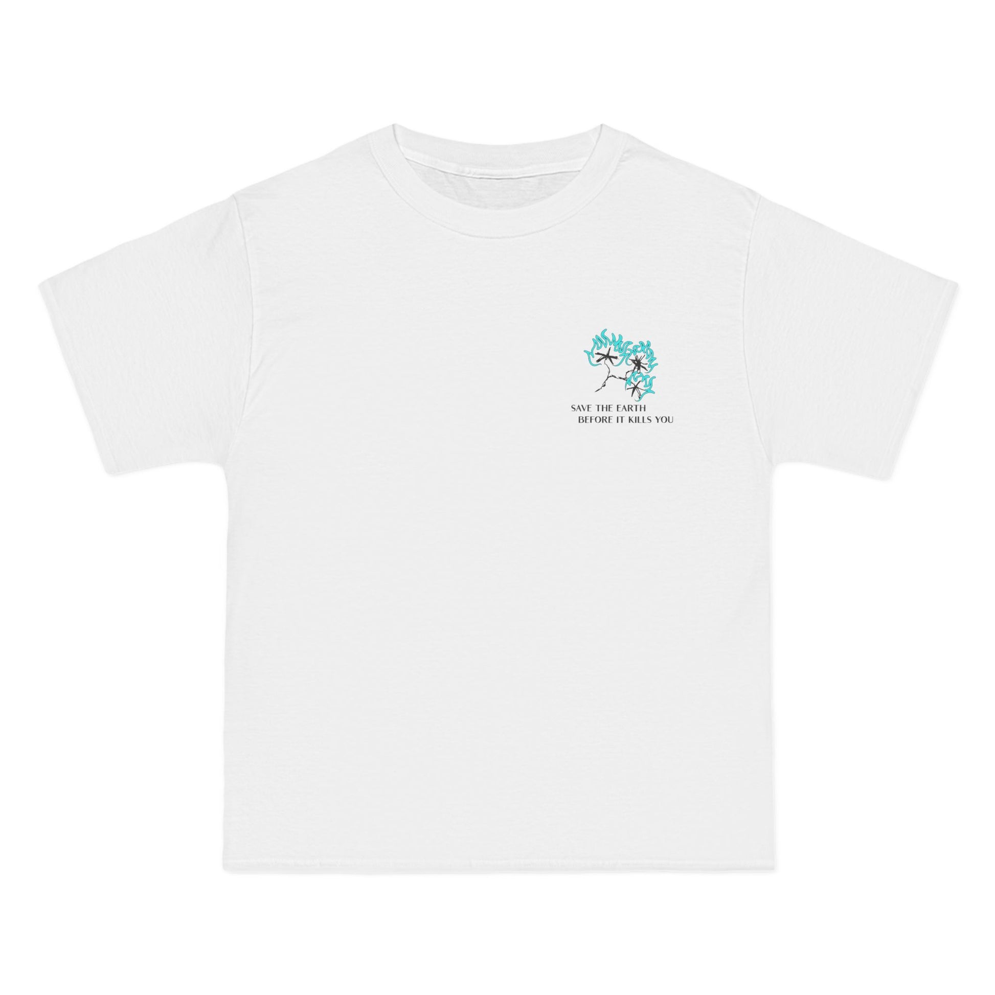 White t-shirt with a small logo and text . blue flame and text saying save the earth
