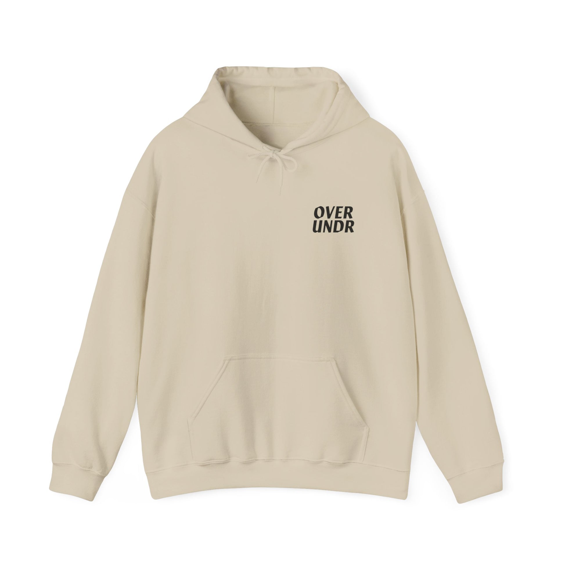 Beige hoodie with 'OVER UNDER' text on a white background