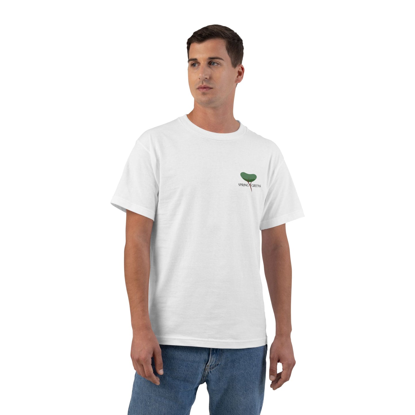White t-shirt with a green plant logo with text spring greens