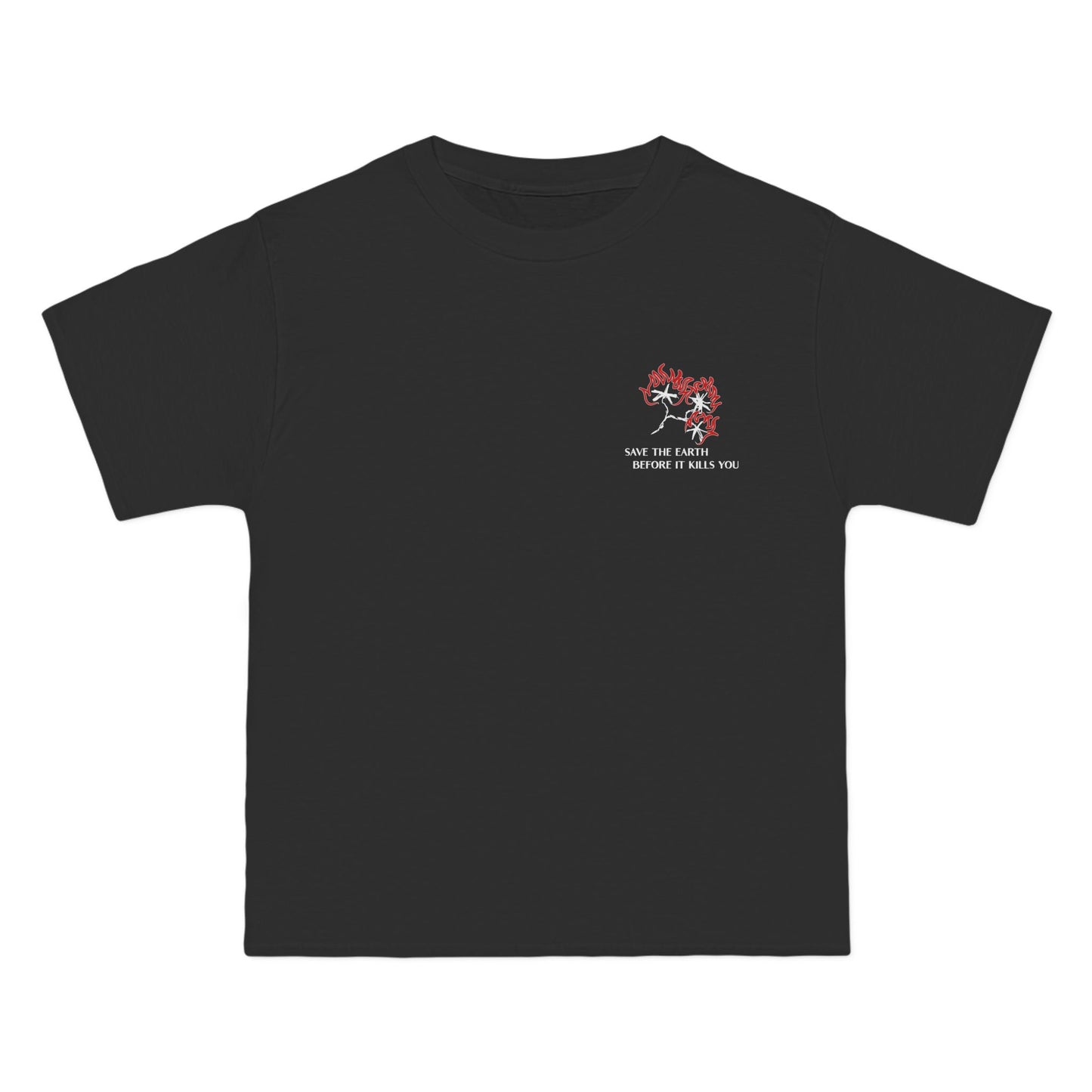 Black t-shirt with a small graphic and text. Fire and text saying save the earth