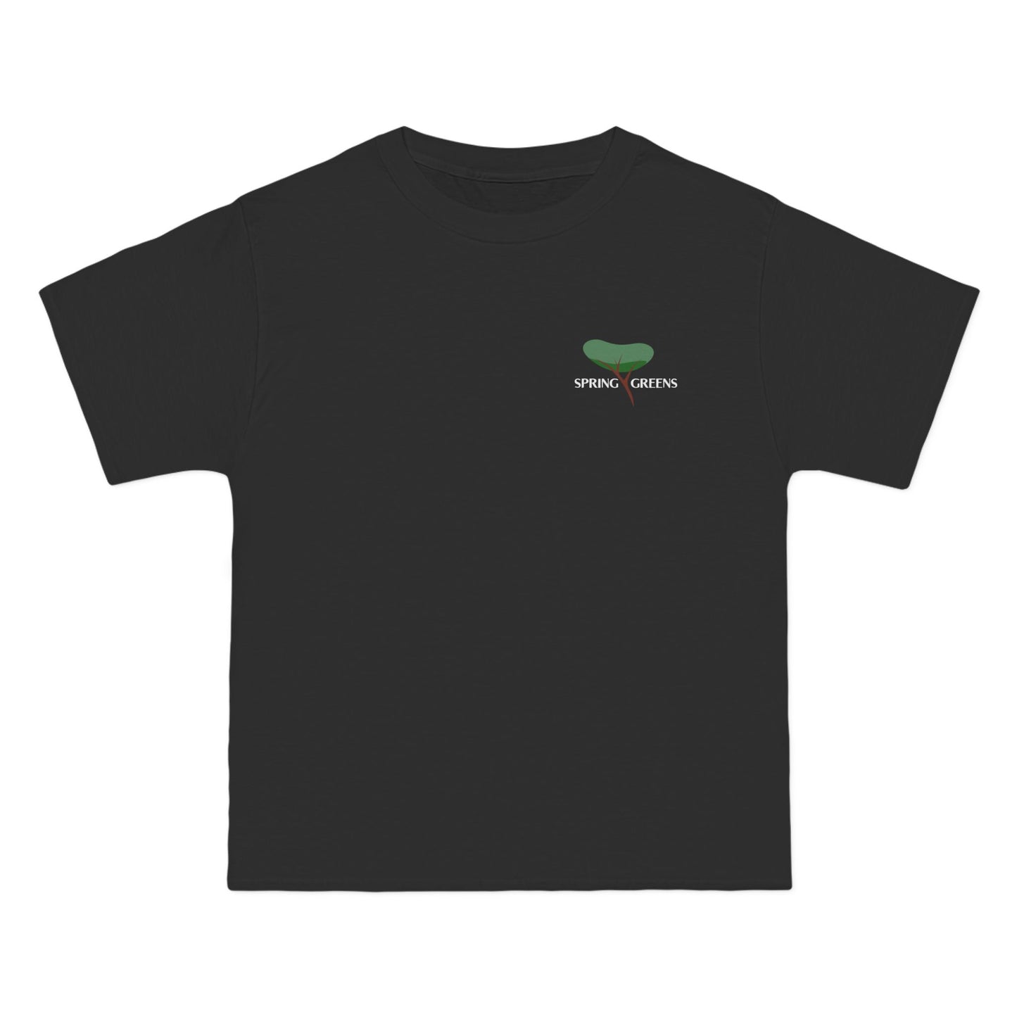 black t-shirt with a green plant logo with text spring greens