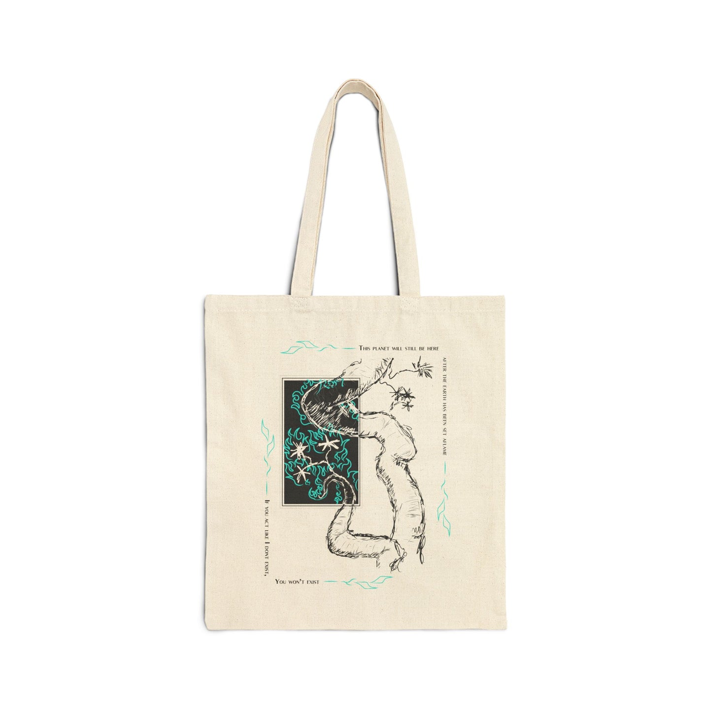 white cotton tote bag with a graphic logo and graphic design on the front.
