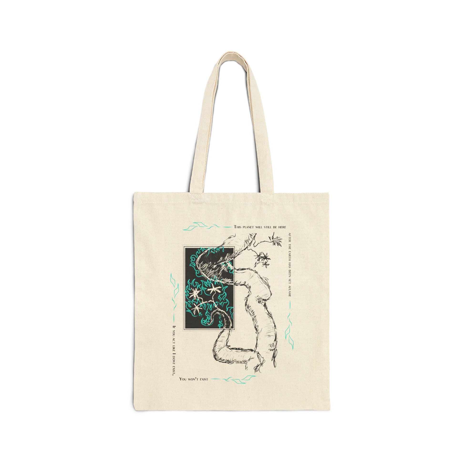 white cotton tote bag with a graphic logo and graphic design on the front.
