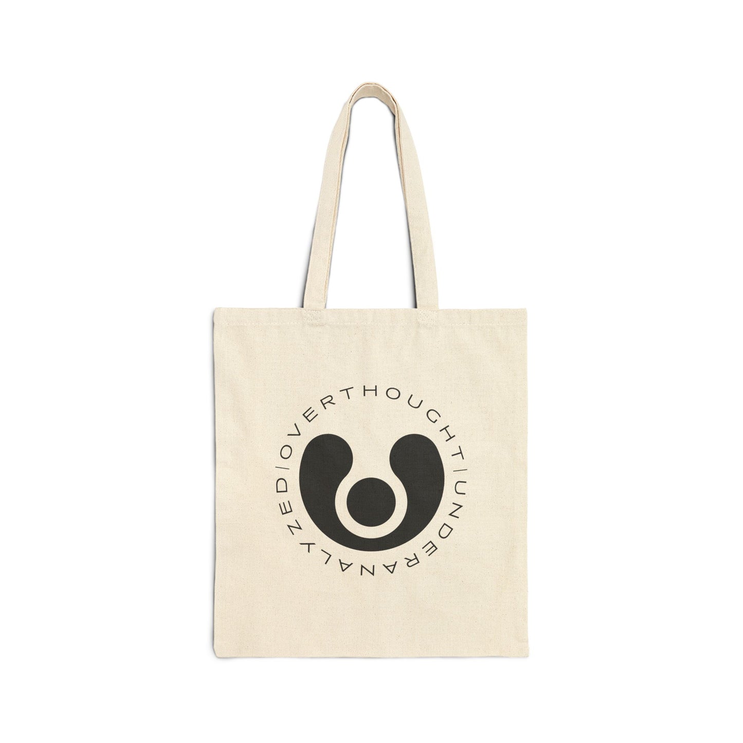 white cotton tote bag with a circular logo and graphic design on the front.