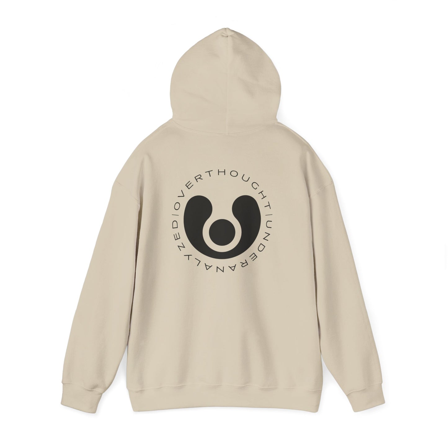 Beige hoodie with a black logo on the back against a white background