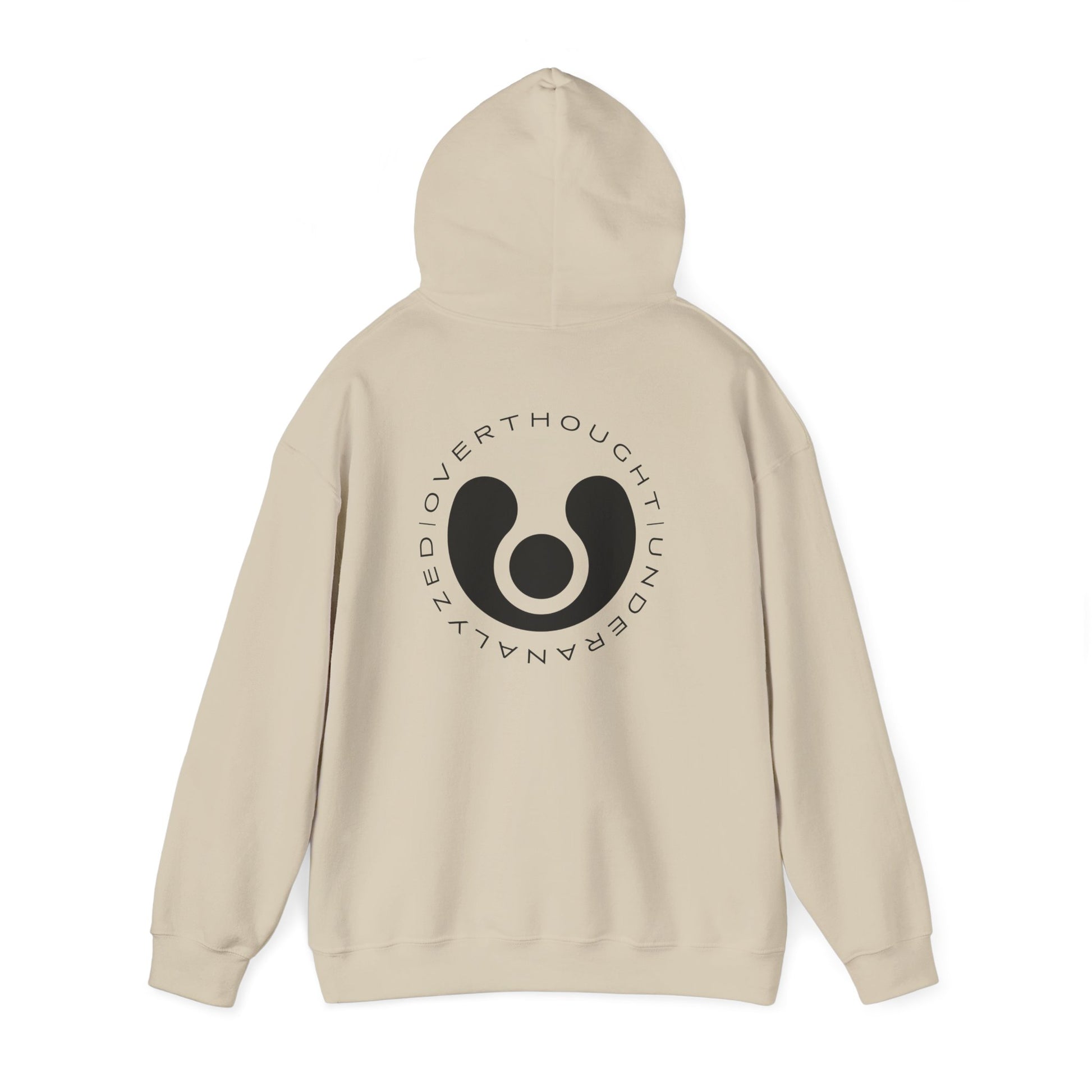 Beige hoodie with a black logo on the back against a white background