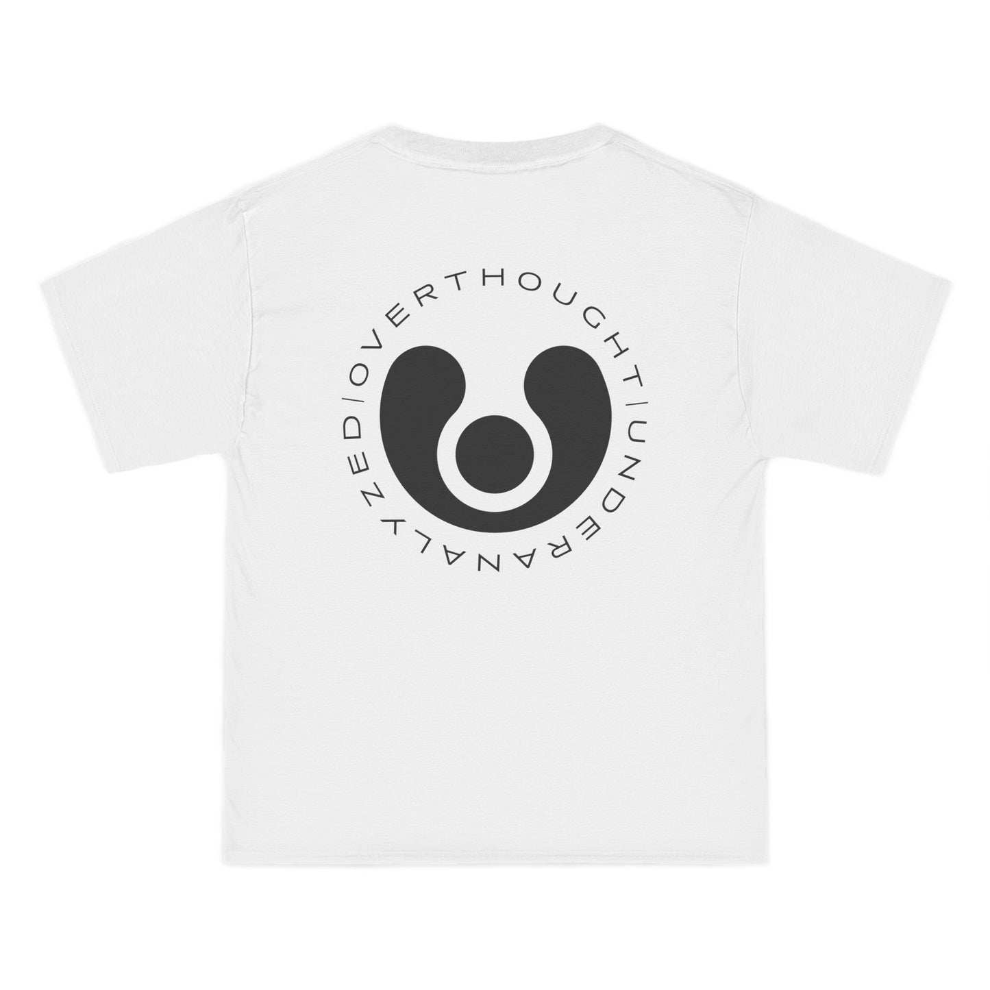White graphict-shirt with black circular logo and text