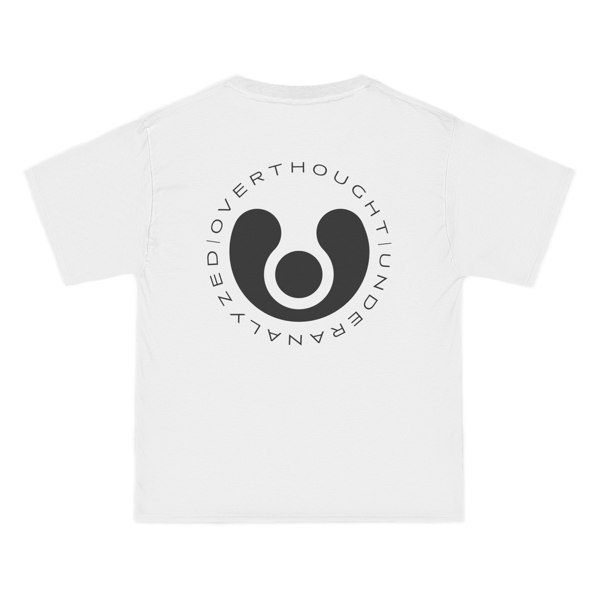 White graphict-shirt with black circular logo and text